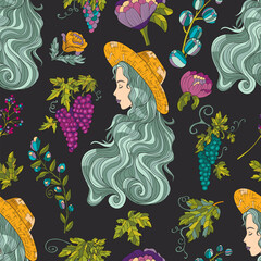 Colorful seamless pattern with girl wearing straw hat, grape berries and fantasy elements for fabric, wallpaper, scrapbooking. Cartoon vector illustration