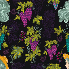 Colorful seamless pattern with ripe grape berries and portrait of beautiful girl against black background for fabric, wallpaper, scrapbooking. Cartoon vector illustration