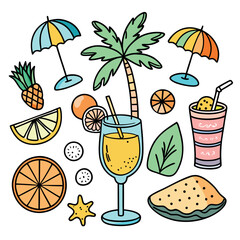 Colorful doodle illustration of tropical drinks, citrus fruits, palm leaves, and summer vibes