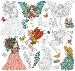 Fantasy design set with beautiful fairy Elf princess and floral elements. Vector line art illustrations for clipart, stickers, coloring book isolated on white background. 