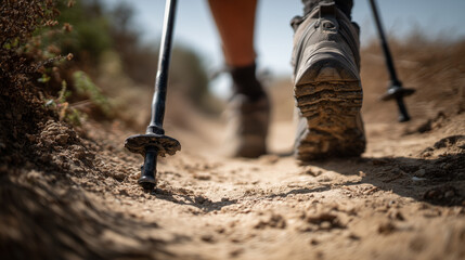 closeup of trekking poles hiking boots and on a dusty path