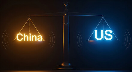 Scales balance china and us in a dark room with neon lights, representing the economic and political rivalry between the two countries, creating a serious and tense atmosphere.