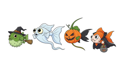 Halloween Fish: A whimsical illustration featuring four creatively costumed fish, each embodying the spirit of Halloween with playful charm and vibrant detail.
