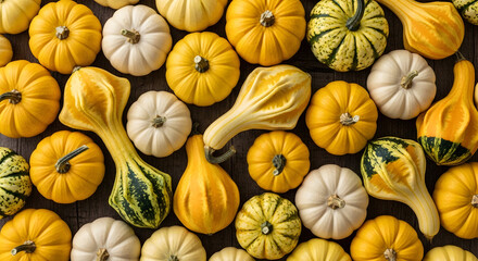 Fototapeta premium A vibrant halloween harvest display with diverse gourds and pumpkins. Autumnal flat lay background for fall season celebrations.