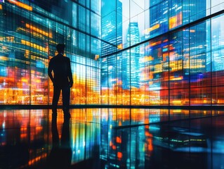 digital background with a man figure in a modern business space