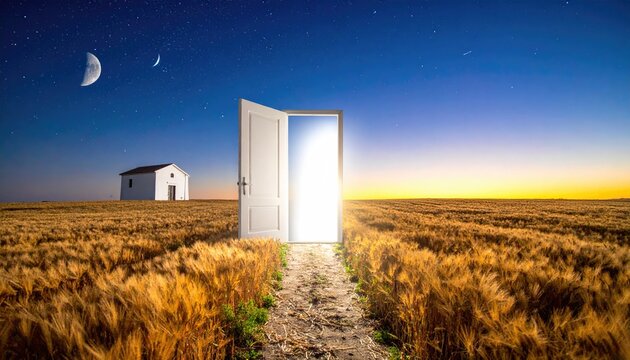 Open door shining in wheat field, house, moonlit sky