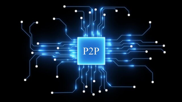 Central processor chip with glowing blue circuits and P2 P text on black background peer to peer network