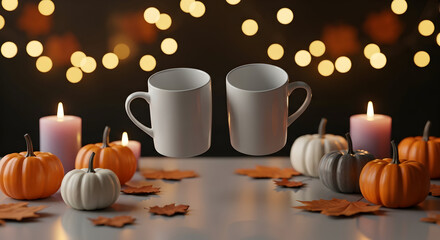 Cozy Halloween Night with Floating Mugs, Pumpkins, Candles, and Autumn Leaves on a Warm Festive Background