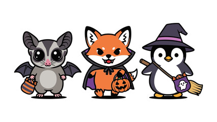 Spooky Companions: An adorable Halloween gathering featuring cartoon illustrations of a bat, fox, and penguin, all decked out in spooky attire and carrying Halloween treats. 