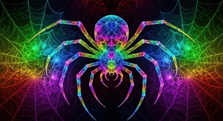 A vibrant digital artwork depicts a brightly colored spider, meticulously designed with geometric patterns and showcasing a spectrum of rainbow hues against a dark background with spiderwebs.