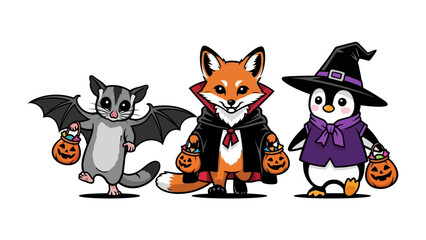 Halloween Crew's Treat Adventure: A trio of charming animal characters dons their spookiest Halloween costumes and proudly hold their candy pumpkins. An adorable sugar glider, a cunning fox.