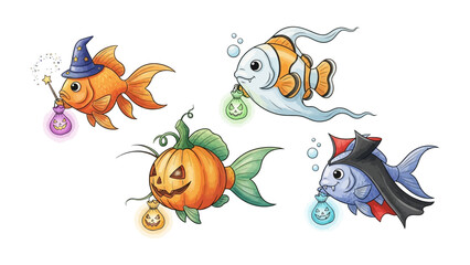 Spooky Underwater Friends: Whimsical cartoon depiction of Halloween-themed fish, each adorned with a unique costume, swimming in an underwater realm.