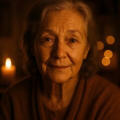 Cinematic close-up portrait of elderly woman illuminated by warm candlelight in dark cozy room