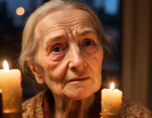 Cinematic close-up portrait of elderly woman illuminated by warm candlelight in dark cozy room