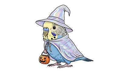 Whimsical Halloween Budgie in Costume: A charming budgie bird, decked out in a captivating witch costume with a shimmering hat and cape, playfully clutching a Halloween pumpkin basket.