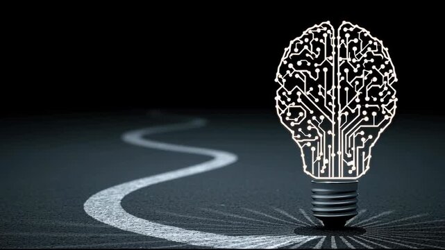Illuminating light bulb with intricate circuitry inside symbolizing innovation and technology in modern solutions. AI Execution Roadmap &ndash; Glowing Brain Bulb on Strategic Path