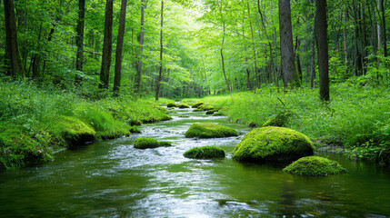 Obraz premium Serene forest stream flows gently through lush greenery, with moss covered rocks dotting water edge, creating peaceful natural scene