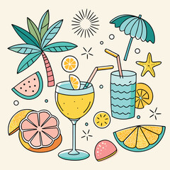 Colorful doodle illustration of tropical drinks, citrus fruits, palm leaves, and summer vibes