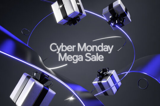 Get ready for the exciting Cyber Monday Mega Sale, brilliantly highlighted by dynamic neon lights and sparkling gift boxes, perfect for announcing your biggest online deals