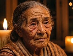 Cinematic close-up portrait of elderly woman illuminated by warm candlelight in dark cozy room