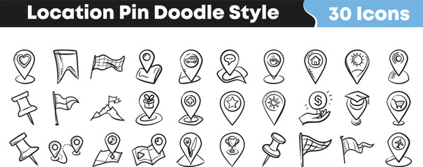 Hand drawn location pin doodle icon set with map marker gps navigation travel place symbol sketch style illustration