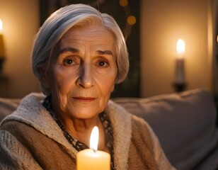 Cinematic close-up portrait of elderly woman illuminated by warm candlelight in dark cozy room