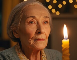 Cinematic close-up portrait of elderly woman illuminated by warm candlelight in dark cozy room