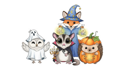 Spooky Companions: An enchanting illustration brings together a cast of whimsical characters, dressed in their spookiest attire.  A ghostly owl, vampire sugar glider, wizard fox.