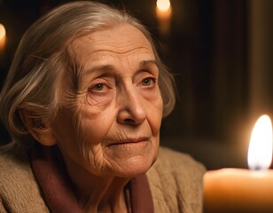 Cinematic close-up portrait of elderly woman illuminated by warm candlelight in dark cozy room