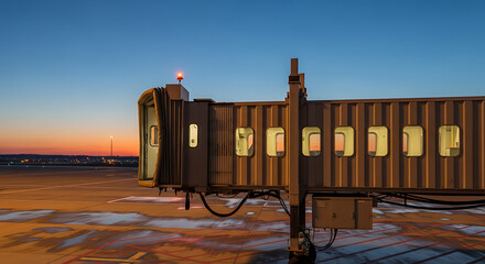 Jet bridge stands ready at the airport during twilight, awaiting passengers for an early morning flight with a sense of anticipation and travel excitement.