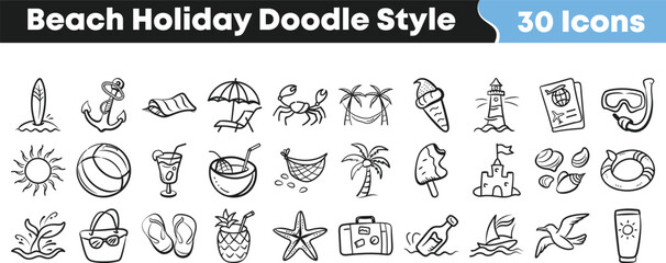 Hand drawn beach holiday doodle icon set with summer travel objects vacation elements sketch style illustration