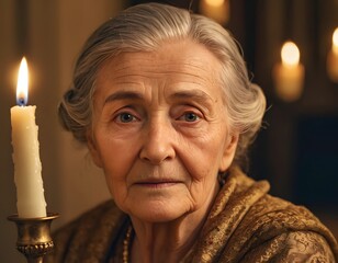 Cinematic close-up portrait of elderly woman illuminated by warm candlelight in dark cozy room