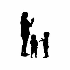 Silhouette of a caregiver teaching toddlers to clap rhythmically isolated on white background