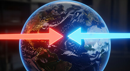 Earth showing climate change with red and blue arrows indicating warming and cooling trends, representing the complex dynamics of global climate patterns.