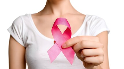 Woman holding pink ribbon symbol of breast cancer awareness.

Hands holding pink ribbon for breast cancer prevention and support.