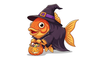 Halloween Fish: An adorable illustration depicts a cheerful goldfish in a witch costume holding a jack-o'-lantern candy basket, capturing the festive spirit.