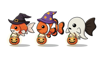 Spooky Marine Trio: Delightful marine life in costumes, bringing the spirit of Halloween, with pumpkin-shaped treat baskets and playful expressions.