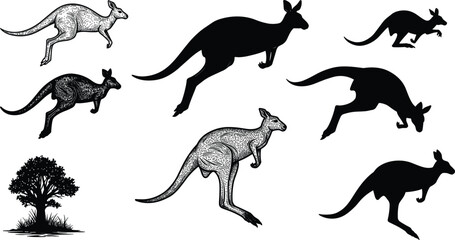 Kangaroo silhouettes and detailed vector illustrations, Australian wildlife art, jumping kangaroo design, nature tree element, tribal pattern