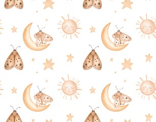 Fototapeta premium Pastel watercolor pattern of moons, suns, stars, and moths