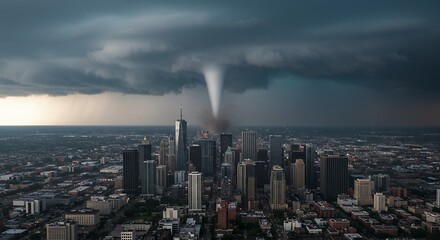 Fototapeta premium Cityscape under ominous storm clouds with buildings and dynamic sky scene