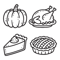 Autumn traditional food icon, thanksgiving day holiday table hand drawn doodle line illustration set vector