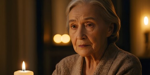 Cinematic close-up portrait of elderly woman illuminated by warm candlelight in dark cozy room