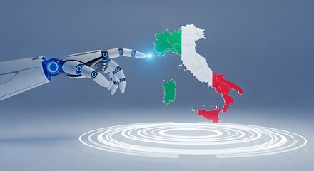 Robotic hand interacts with a digital map of italy displaying the italian flag