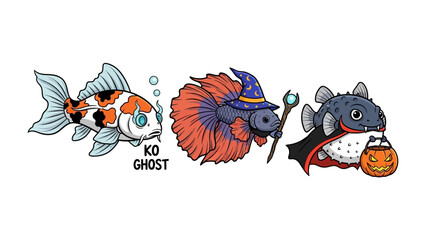 Festive Aquarium Friends: This captivating artwork presents three whimsical aquarium creatures in their Halloween attire, capturing the festive mood.