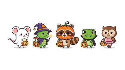 Naklejka premium Trick-or-Treat Friends: A charming scene showcasing adorable cartoon animals dressed in festive Halloween costumes, filled with the spirit of the season and ready to collect treats. 
