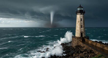 Dramatic coastal scene with lighthouse turbulent ocean and a funnel cloud under a stormy sky