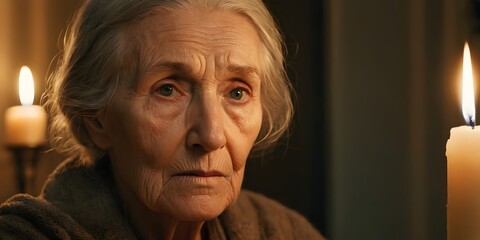 Cinematic close-up portrait of elderly woman illuminated by warm candlelight in dark cozy room