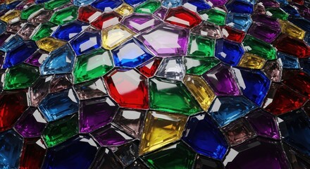 Brilliant array of diverse, colorful gemstones arranged in an intricate, mosaic-like pattern with captivating reflections, showcasing a mesmerizing kaleidoscope of hues and variations.