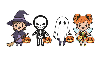 Spooky Ensemble: Cute, costumed characters prepare for a delightful Halloween night. A witch, skeleton, ghost, and fairy.