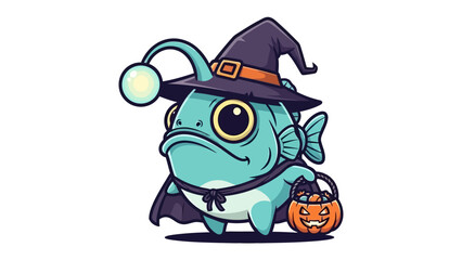 Halloween Angler Fish Mascot: A whimsical angler fish is joyfully embracing the spirit of Halloween with a witch hat and holding pumpkin basket in a vibrant cartoon illustration.